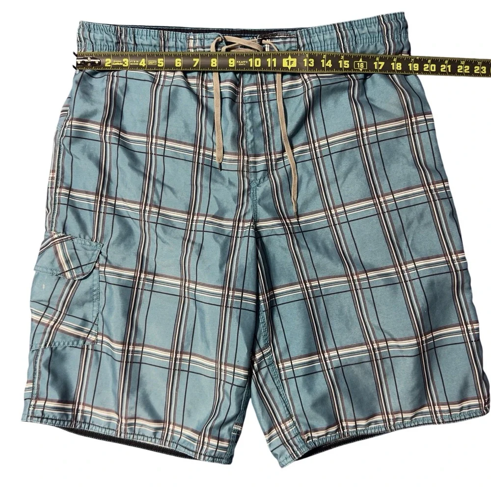 Burnside Board Shorts Mens Medium Blue Plaid Swim Trunks Cargo Pocket Drawstring